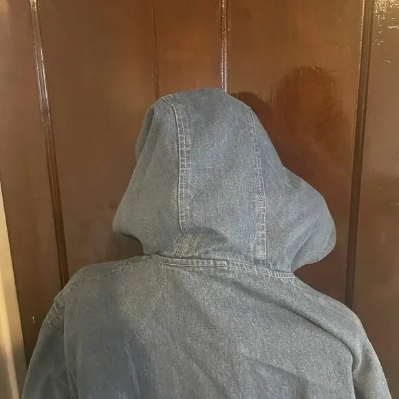 Vintage Denim & Co Duffle Chore Coat Womens 2XL Hooded 90s Long Blue Denim Togs - Picture 13 of 15